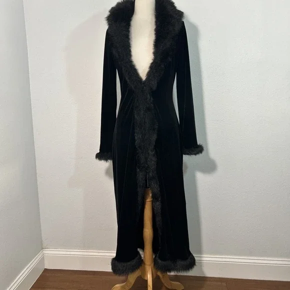 Betsey Johnson Penny Lane Coat Womens S Black Velvet Faux Fur Trim Y2K Glam - Picture 1 of 13